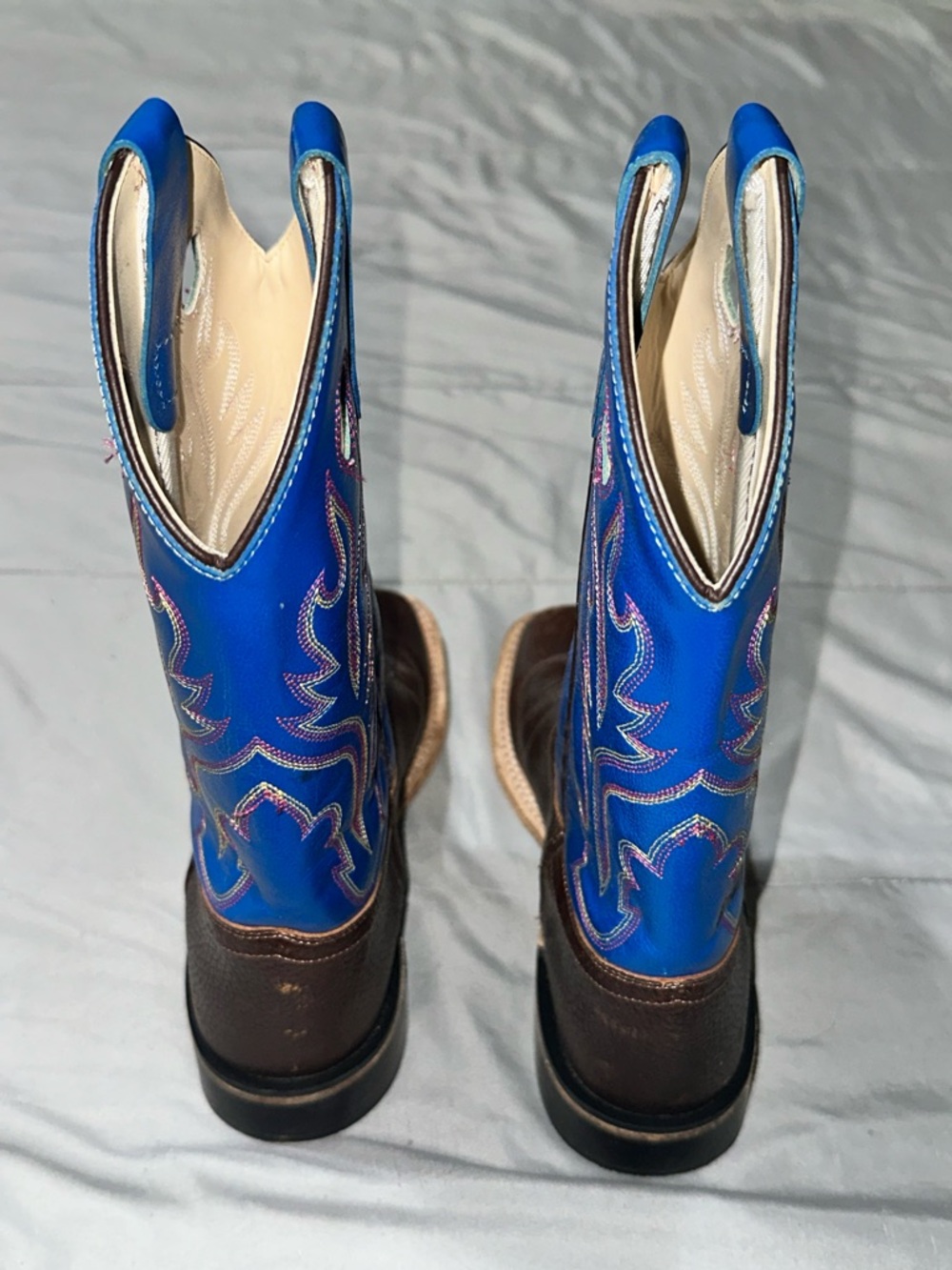 Old West Boys Big Kid Sz 5 Embroidered Cowboy Boots Western BrownBlue Square Toe - Picture 4 of 14